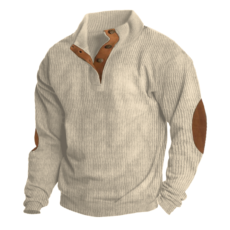 Cotosen Original Design Men's Corduroy Patchwork Color Block Casual Stand Collar Henley Sweatshirt