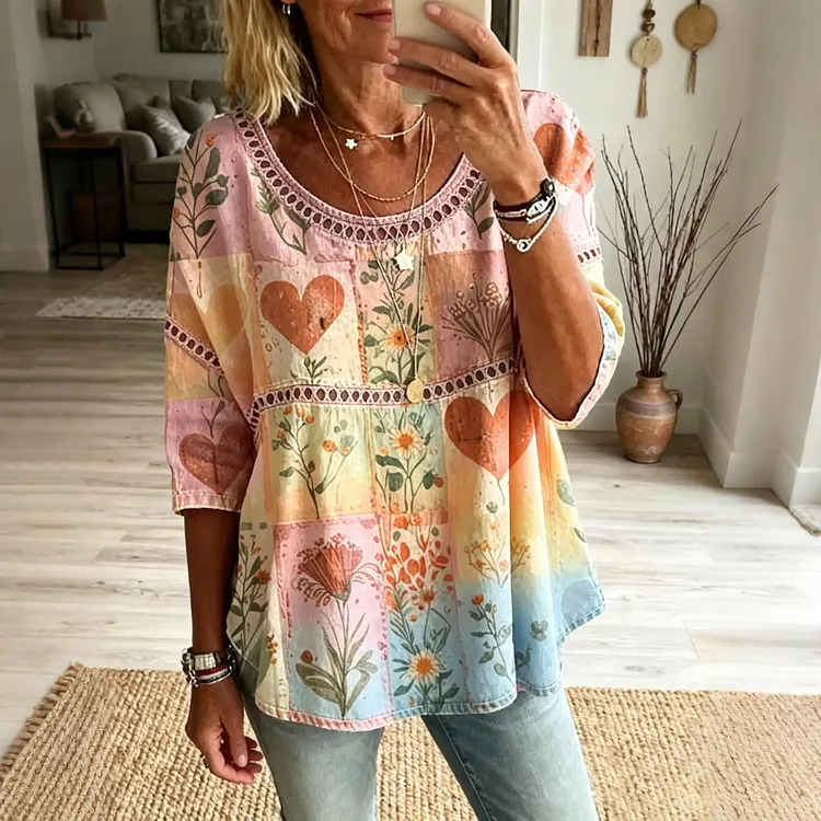 Women's Retro Floral Patchwork Linen Blend Top