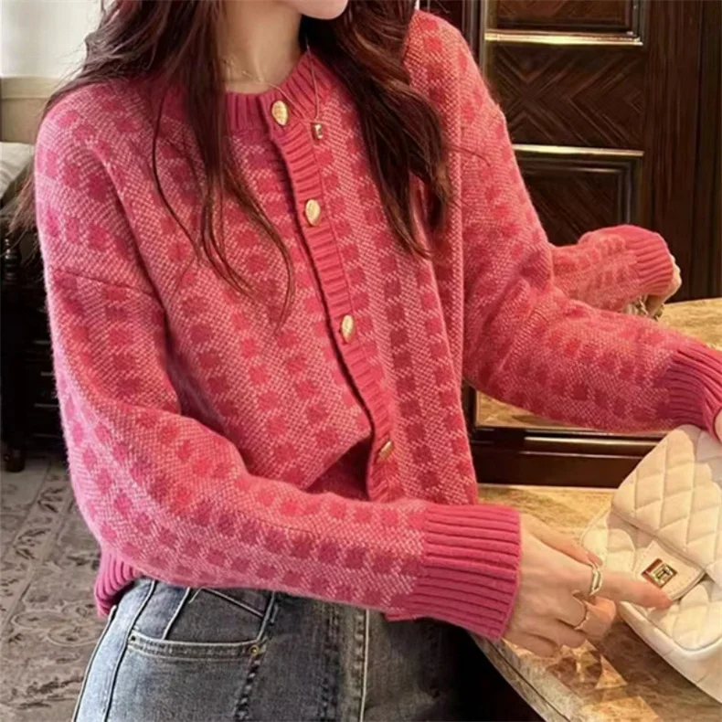 Ueong Ueong Style Short Temperament Socialite Small Sweater Hot Style Coat Jacket Small Fragrant Wind Pink Plaid Sweater Woman