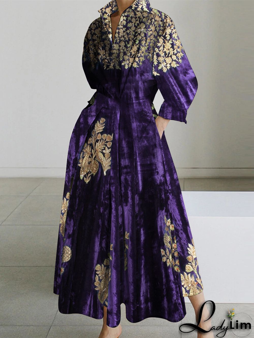 UR Daily Long Sleeve Stand Collar Floral Velvet Midi Dress