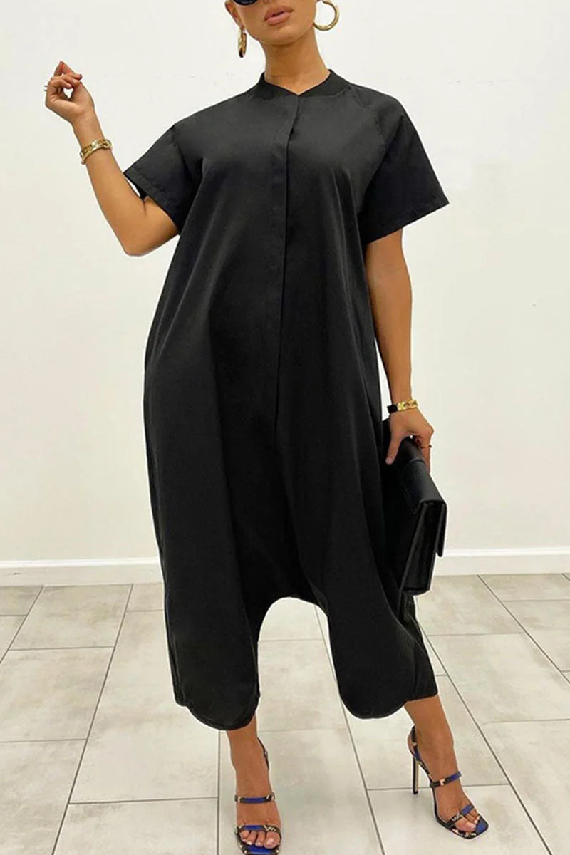 Casual Solid Split Joint Buckle O Neck Loose Jumpsuits