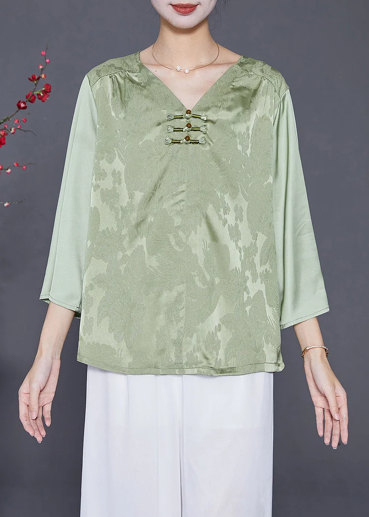 Women Light Green Jacquard Chinese Button Silk Blouses Bracelet Sleeve