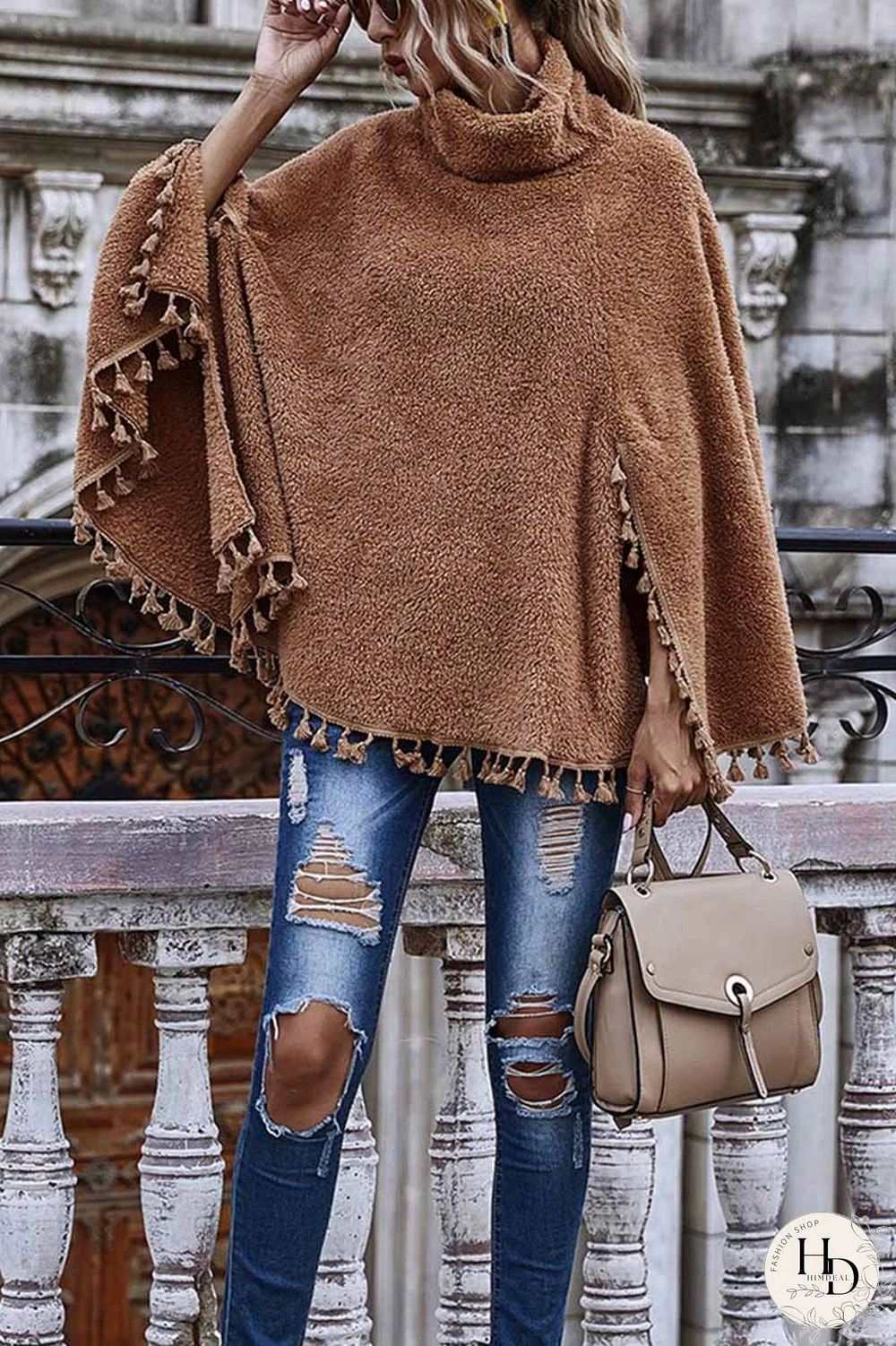 Loose High Neck Cape Coat With Fringed