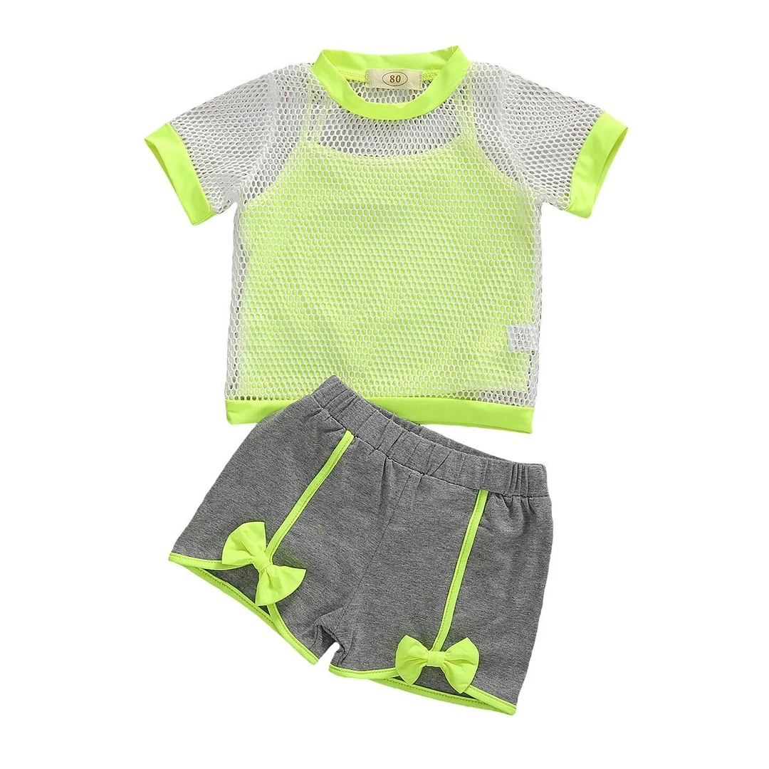 3Pcs Casual Toddler Kid Baby Girl Clothes Hollow Top Crop Vest Shorts Summer Outfits Sets 1-6 Years