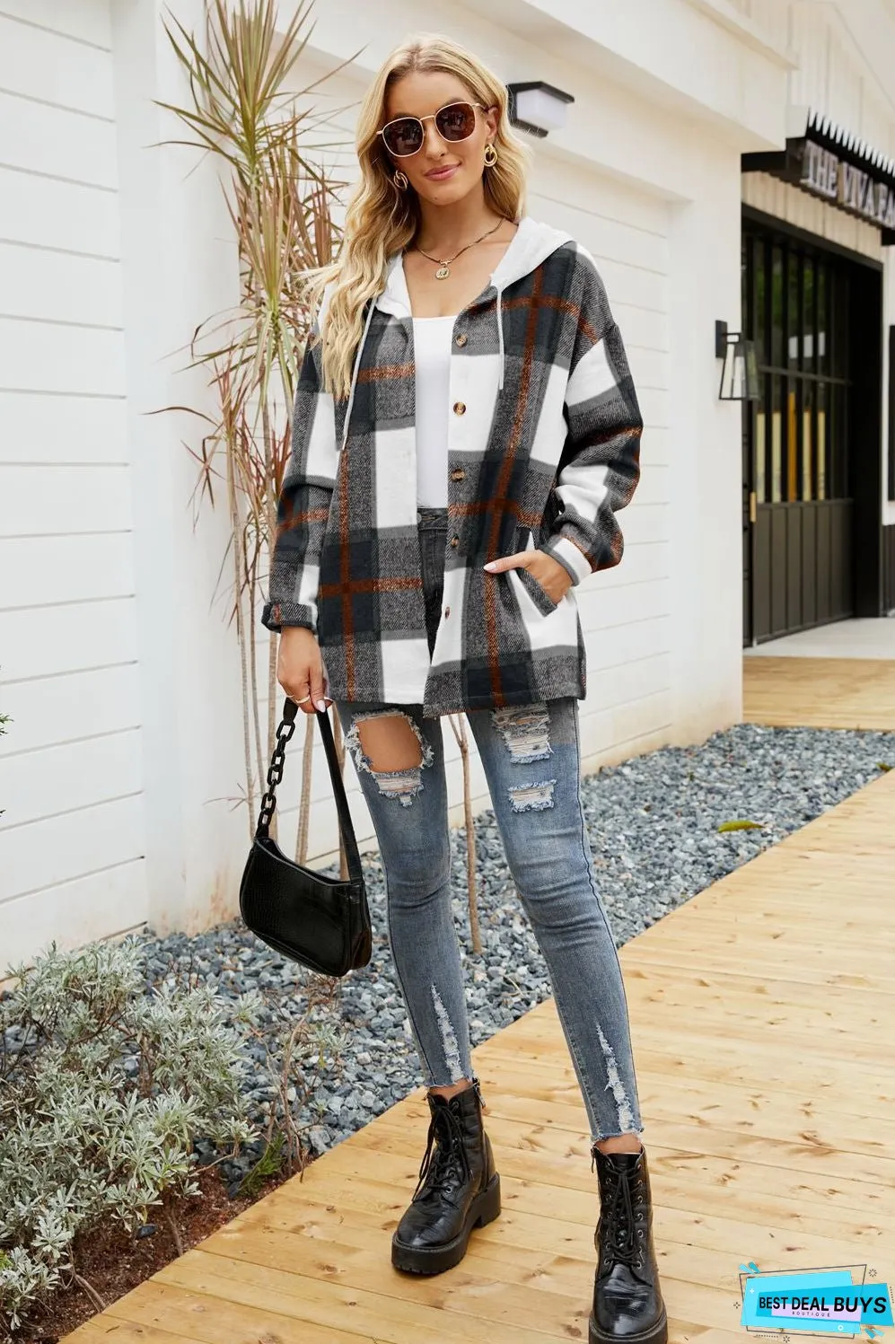 Drawstring Hooded Plaid Shacket Coat With Pocket