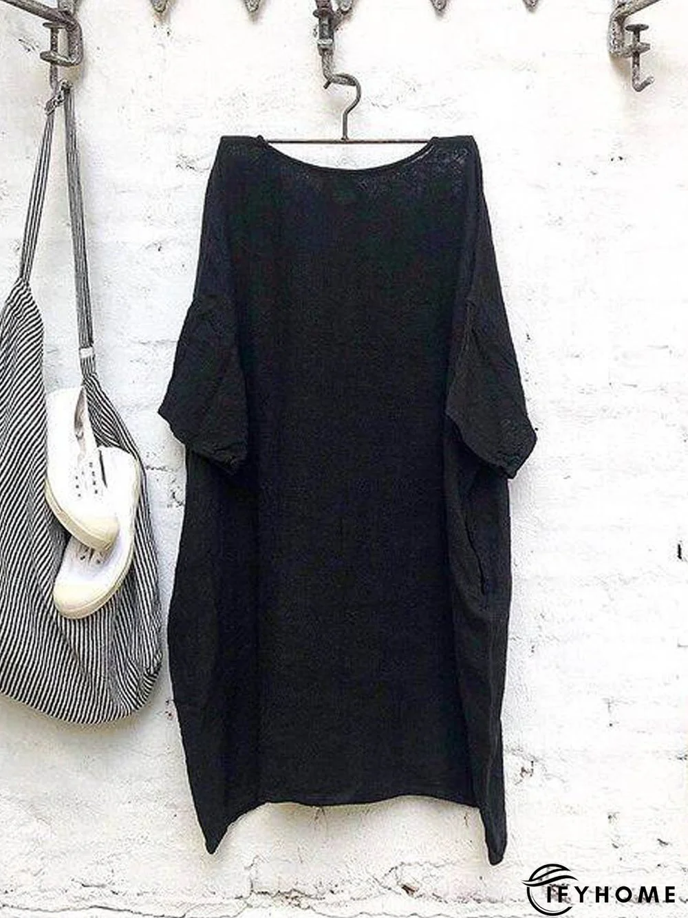 Linen Shift Crew Neck Casual Weaving Dress | IFYHOME