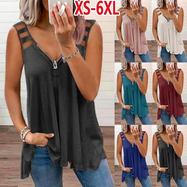 Summer Clothes Women's Fashion Casual Sleeveless Halter Camisole Top with Zippers Deep V-neck Pleated Loose Blouse Ladies Solid Color Shirts Plus Size Cami Tank Tops - Shop Trendy Women's Fashion | TeeYours