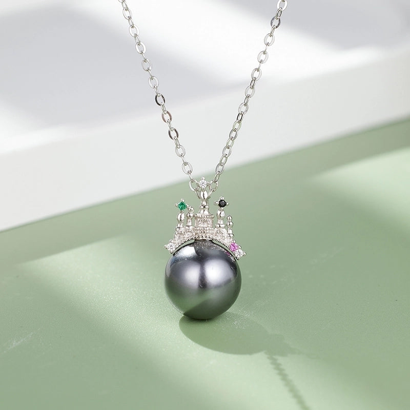 925 Sterling Silver Long-Lasting Plated Shell Pearls Zircon Cable Chain Polishing Plating Inlay Geometric Castle Pendant Necklace