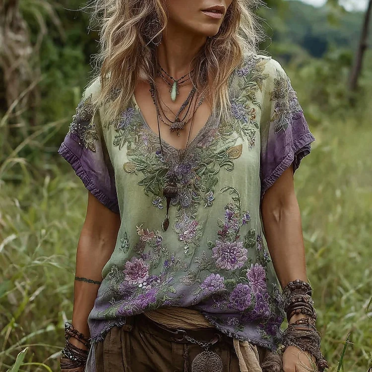 Vintage Flower Embroidery V-neck Short Sleeve Linen T-shirt