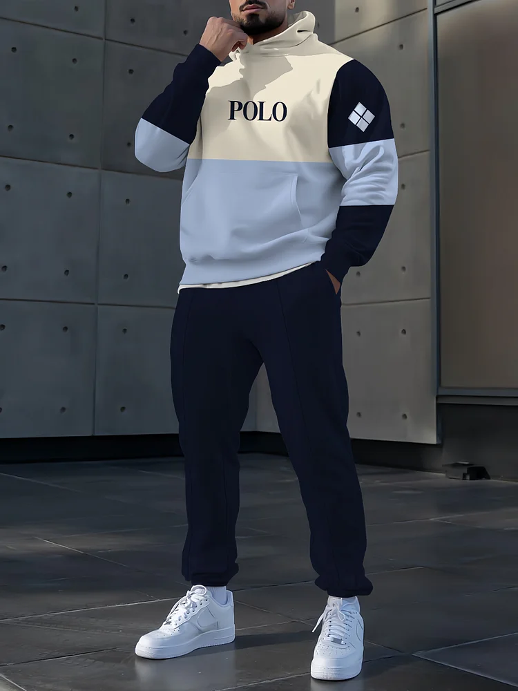 Men's fashion casual navy blue polo printed hoodie two sets