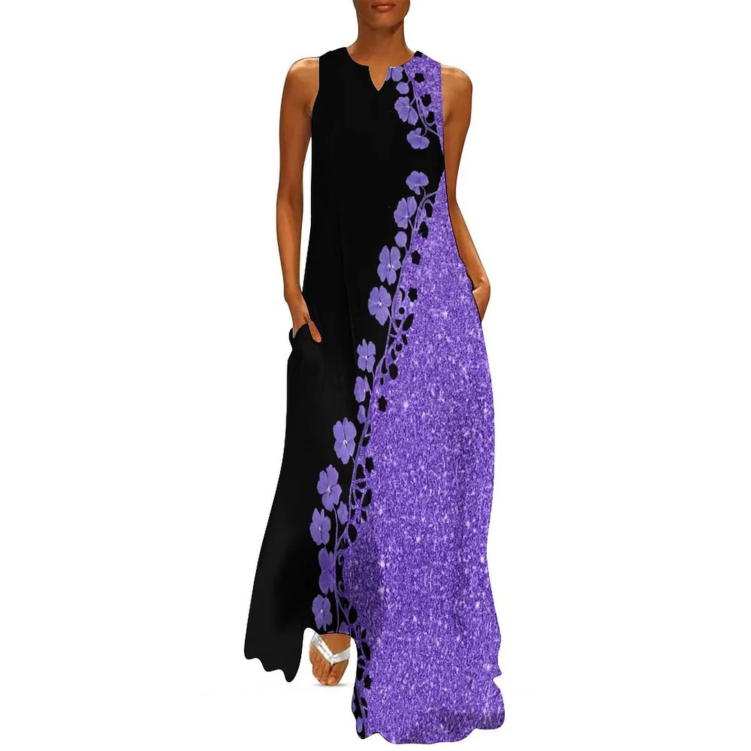 Style & Comfort for Mature Women Plus Size Printed Sleeveless Casual Women Maxi Dress with Pockets in Pattern Purple, Floral, Glitter