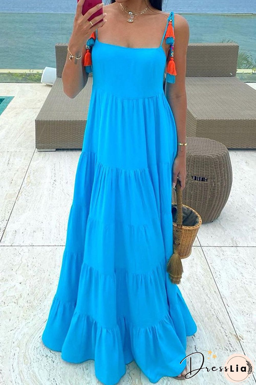 Solid Color Tired Sling Maxi Dress