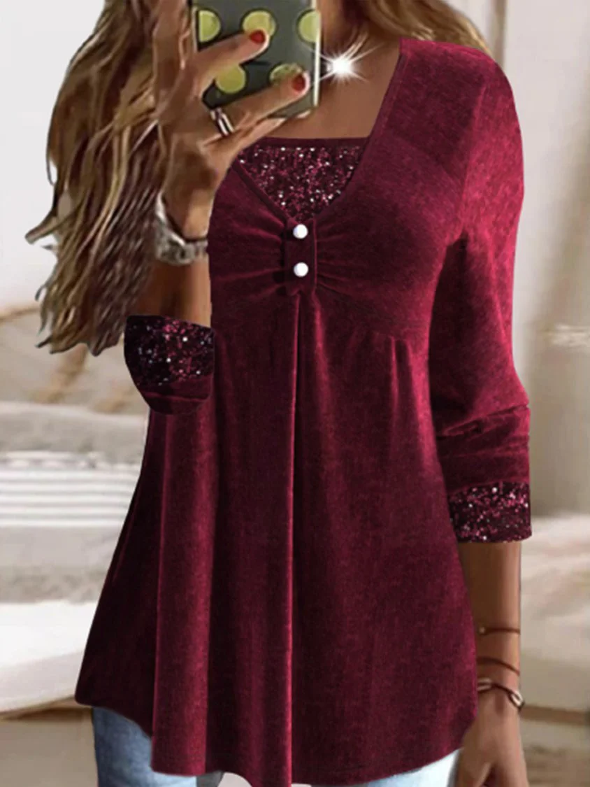 Women Sequin Long Sleeve V-neck Stitching Tops