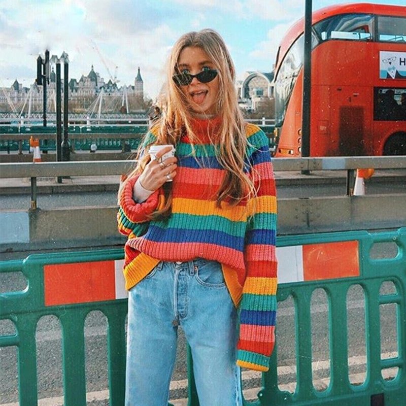 High Neck Sweater Women's Rainbow Stripe Loose Sweater