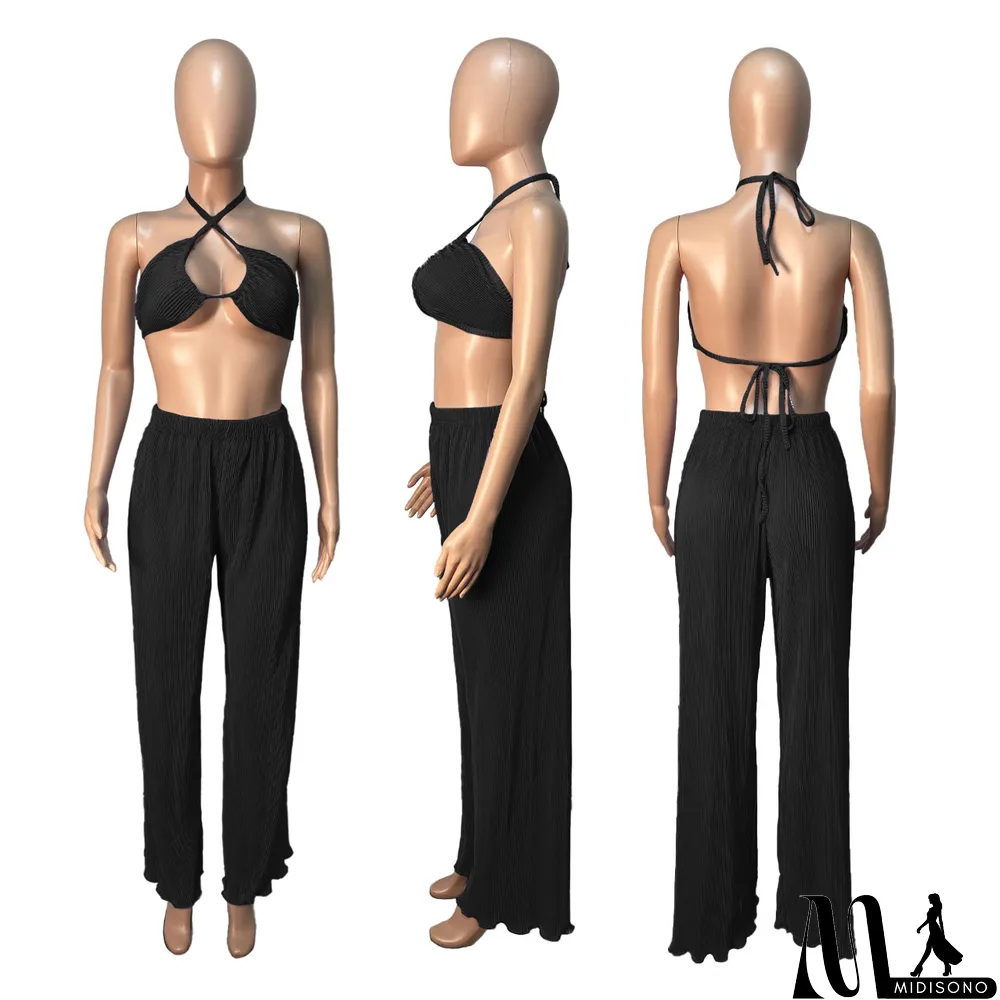 MidiSono - Fall Solid Color Wide Leg Pants Three-Piece Set