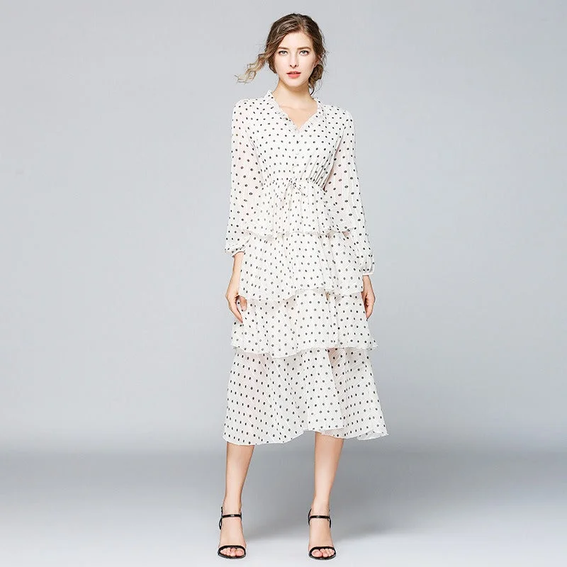 Casual Dress Polka Dot Long Sleeve Elegant Ruffled Dress