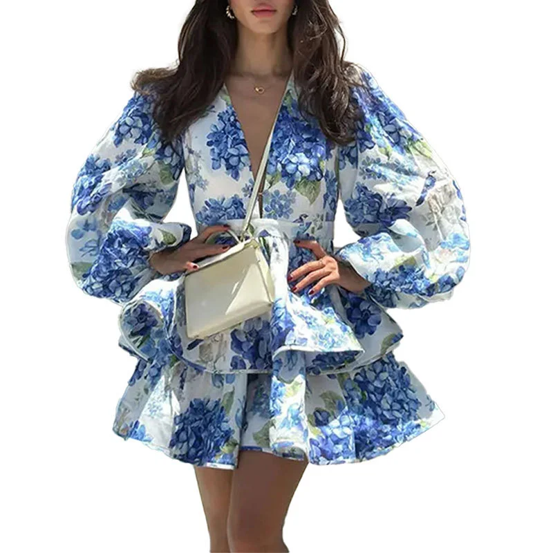 Wongn Wongn Autumn And Winter Women's Elegant Fashion V-Neck Bubble Long Sleeve Print Flounce Short Dress