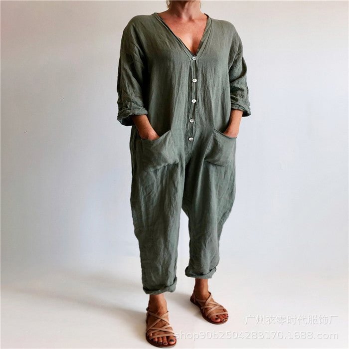 Ladies Cotton and Linen Button Casual Long-sleeved Jumpsuit