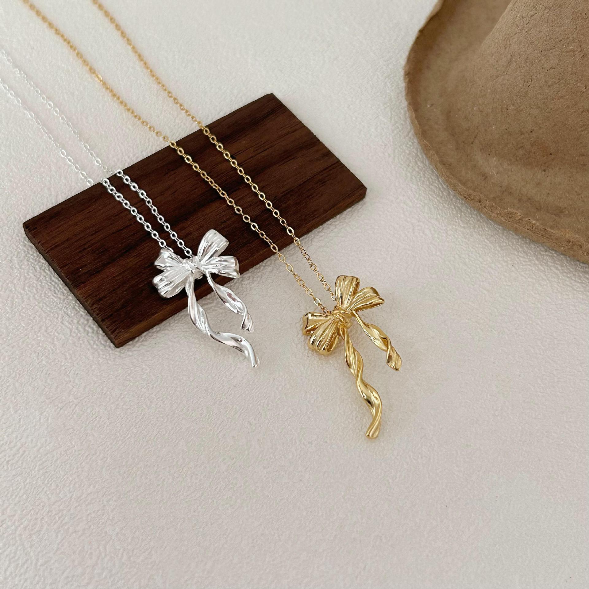 925 Sterling Silver Korean Bowknot Geometric Silver Electroplating Necklaces