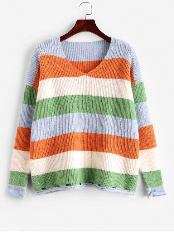 Colorblock Striped Roll Trim Slit Ripped Sweater