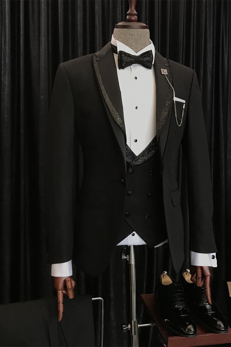 Black Peaked Lapel Special Design Black Wedding Suit | Ballbellas Ballbellas