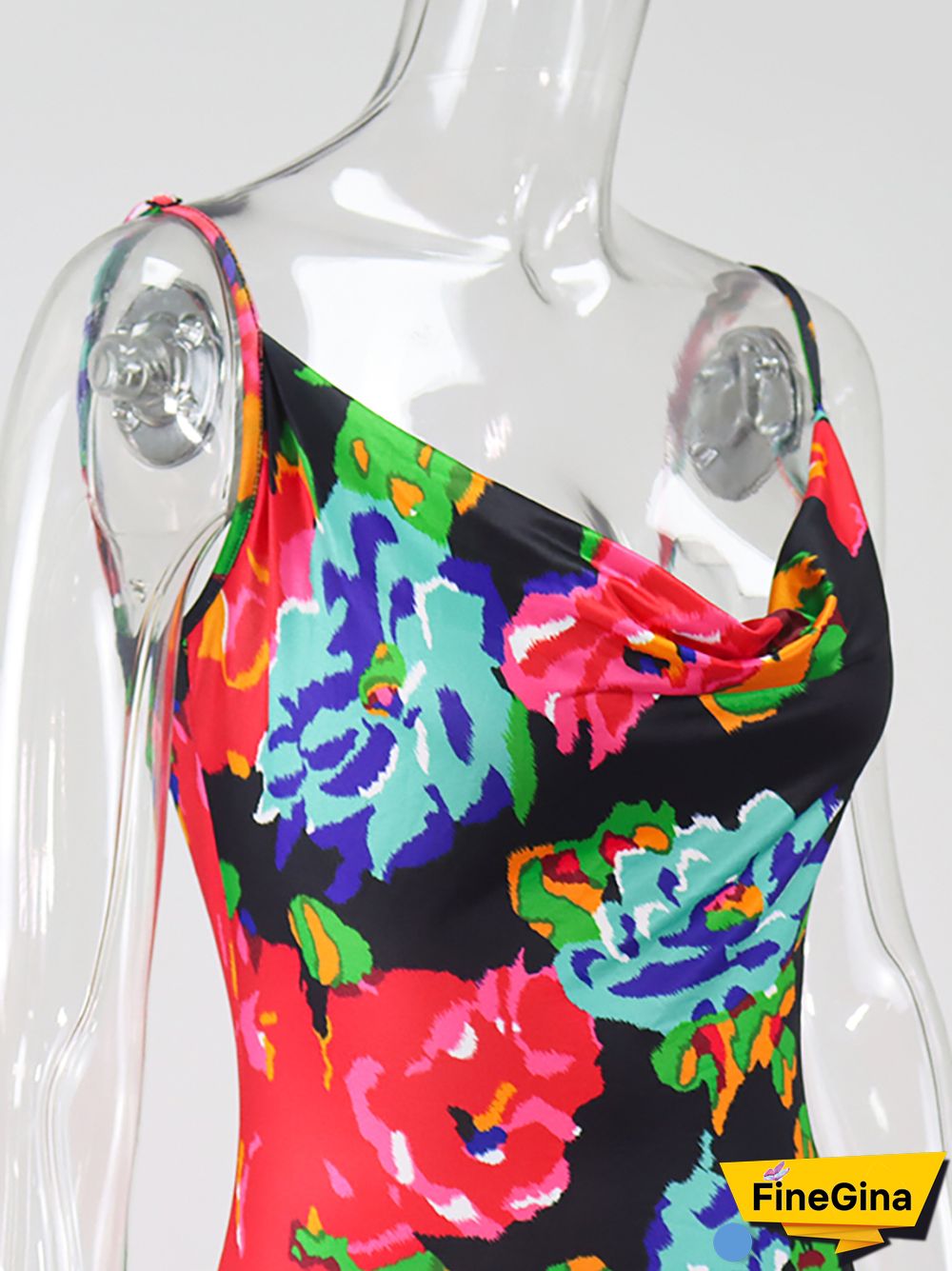 NewAsia Floral Maxi Dress Women Cowl Neck Spaghetti Strap Backless Print Beach Dresses Woman Party Night Sexy Long Dress Black