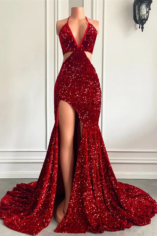Miabel Sequins Wine Red Halter Mermaid Prom Dress With Split