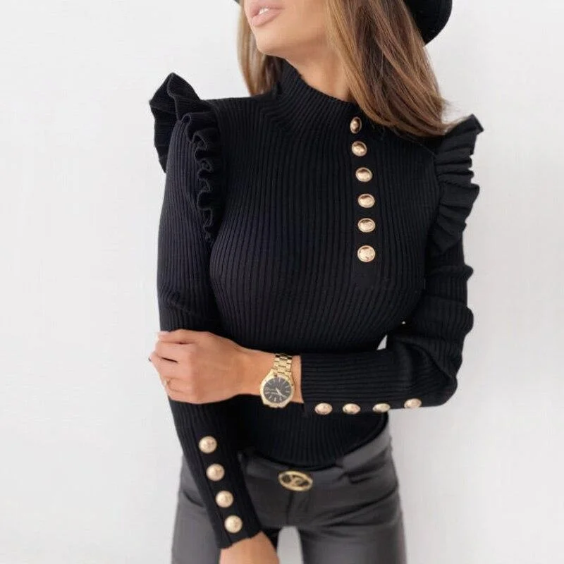 Autumn Elegant Ruffles Knitted Sweaters Women Long Sleeve Solid Turtleneck Button Sweaters Slim Winter Bottoming Tops Female