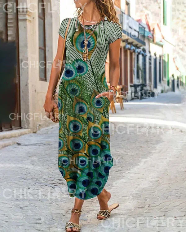 Casual Loose Peacock Print Holiday Midi Dress