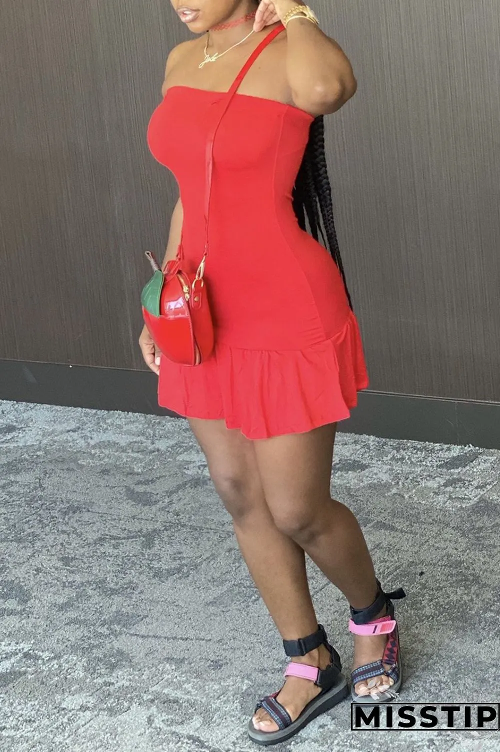 Pink Fashion Sexy Solid Backless Flounce Strapless Sleeveless Dress