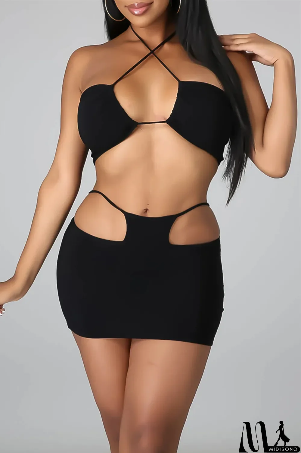 MidiSono - Black Fashion Sexy Solid Hollowed Out Backless Halter Sleeveless Two Pieces