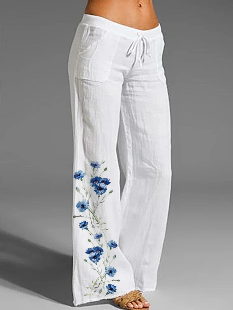 Comstylish Watercolor Floral Pattern Casual Cozy Cotton Linen Pants