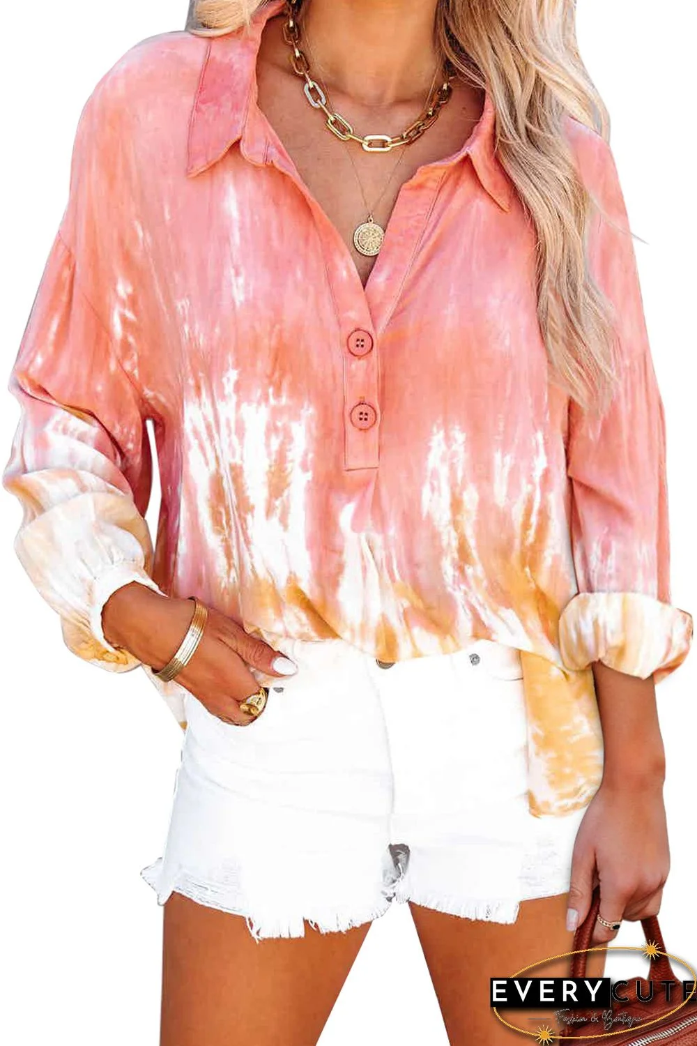 Tie Dye Print Lace-up Buttoned Henley Top