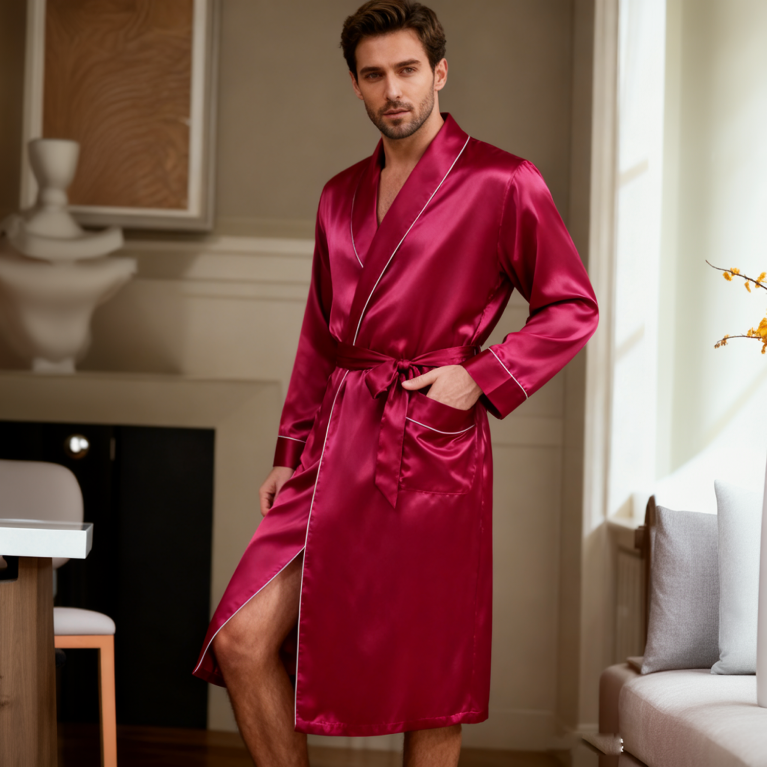 Silk Robe Men 22 Momme Mulberry Silk Long Sleeve Luxury Sleepwear REAL SILK LIFE