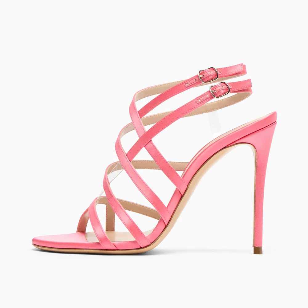 Cute Pink Round Toe Stilettos Strappy High Heel Sandals with Buckle