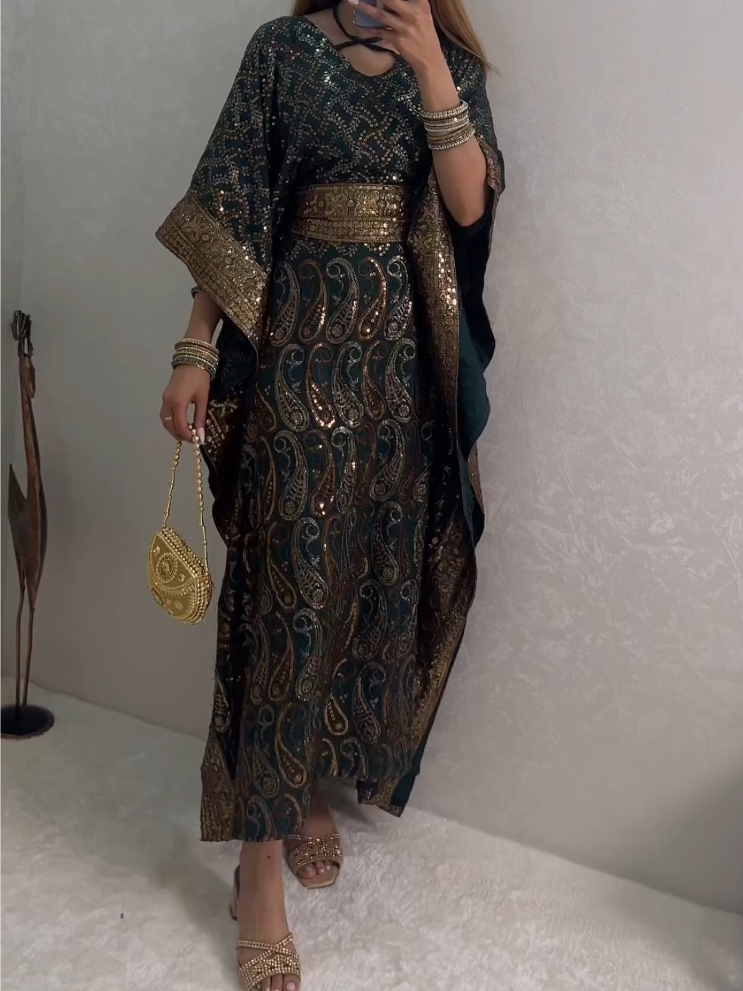 Elegant V-neck Sequined Belted Bat-sleeve Dress | Oxredo Shop Ramadan Sale