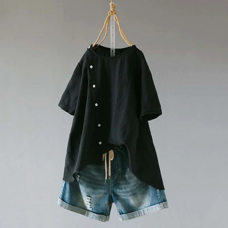 Vintage Buttoned Cotton And Linen Irregular Hem Shirt