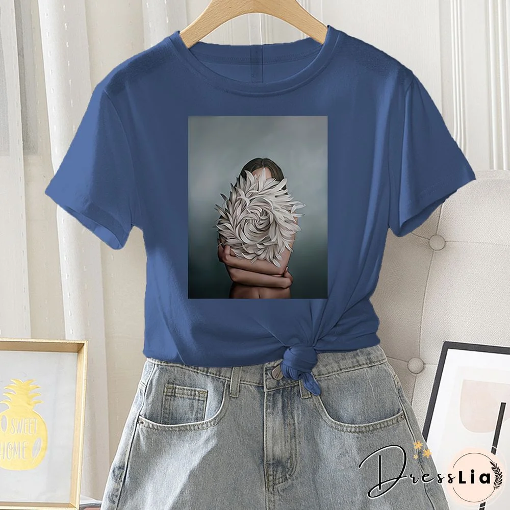 Summer Casual Women T-shirt 100% Cotton Short Sleeve Flower Photo Print Female Graphic Vintage T Shirt Ladies Round Neck Tee Top