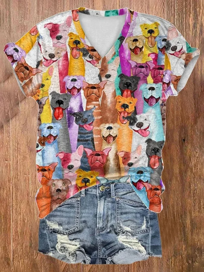 Women's V-neck Dogs Print Short Sleeve T-Shirt