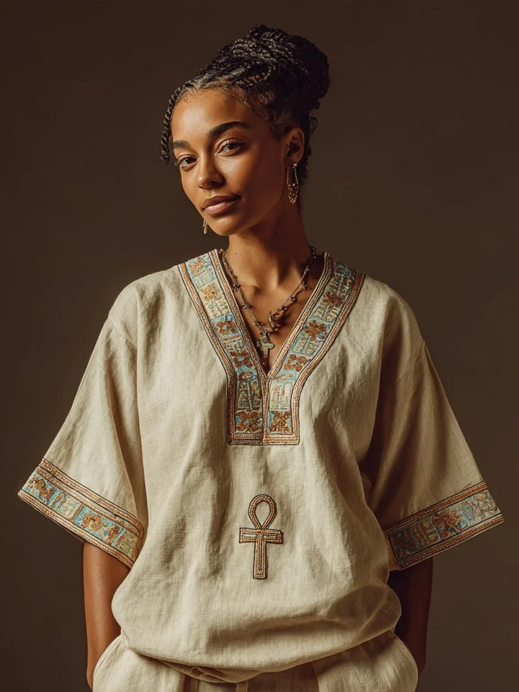 Ankh Ancient Egyptian Embroidered Cozy Linen Shirt