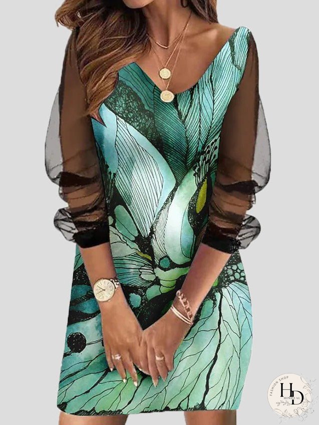 Dresses Printed Slim Fit Mesh Long Sleeve Dress for Women