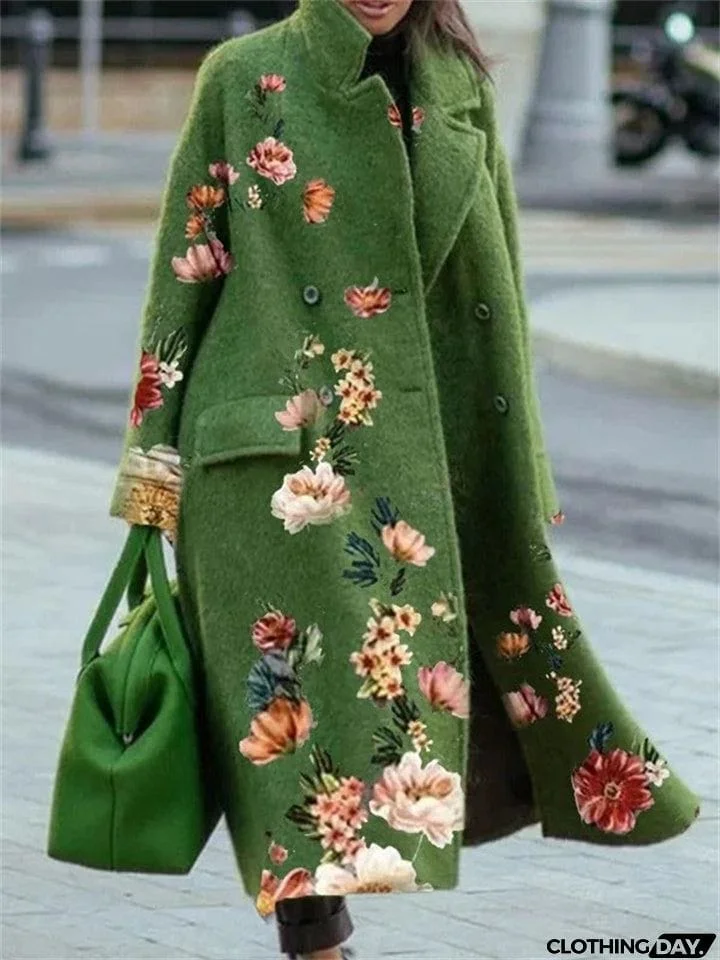 Ladies Stylish Print Lapel Long Sleeve Pocket Winter Coat