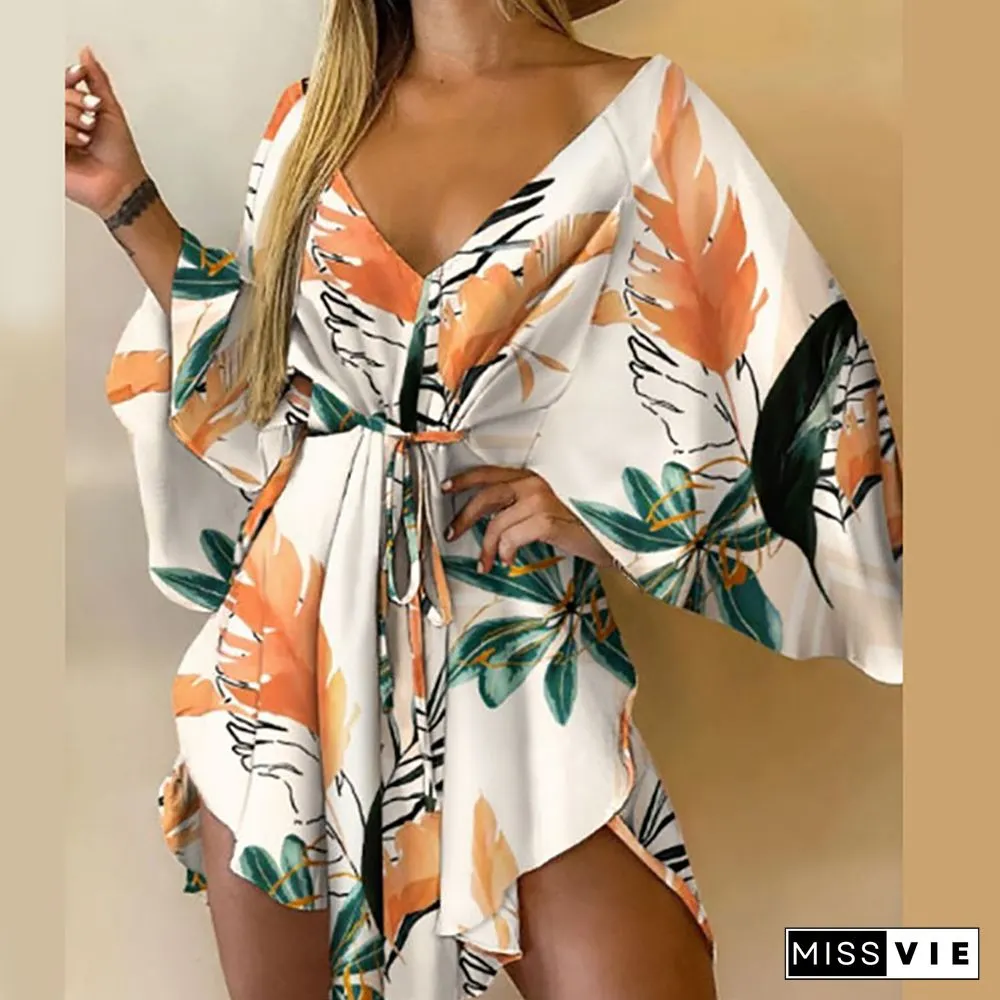 V-Neck Leaf Print Party Women Elegant Lace-Up Waist Casual Irregular Beach dress sexy