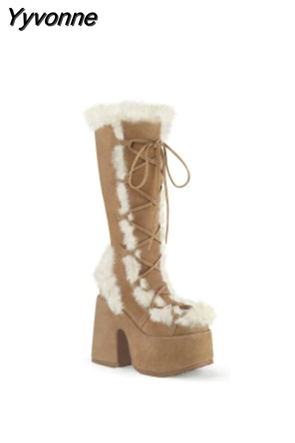 Yyvonne White Fur High Platform Boots High Chunky Heel Round Toe Mid Calf Boots Elegant Women Casual Outfit Winter Cross Tied Shoes 715-1