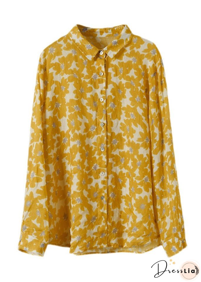 Organic Yellow Peter Pan Collar Print Cotton Shirts Long Sleeve