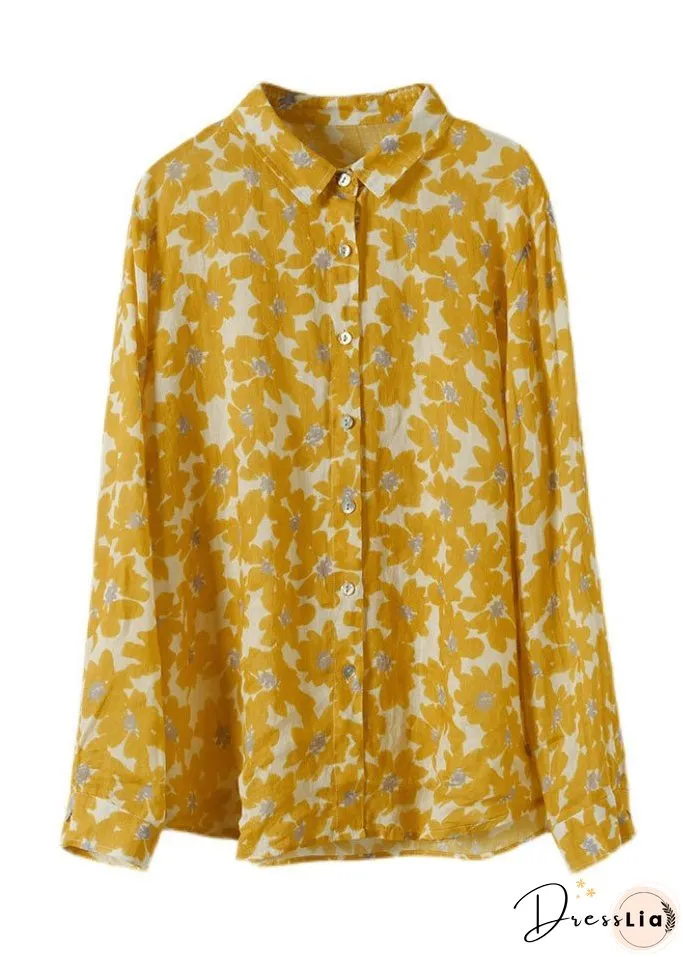 Organic Yellow Peter Pan Collar Print Cotton Shirts Long Sleeve