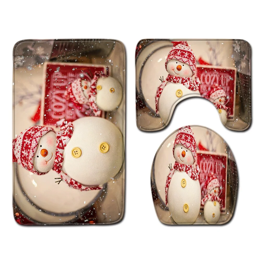 Christmas Toilet seat Cover 3pcs Set Bathroom Mat Home  Absorbent Door mats washroom Decoration Carpet Printing Flannel Rug