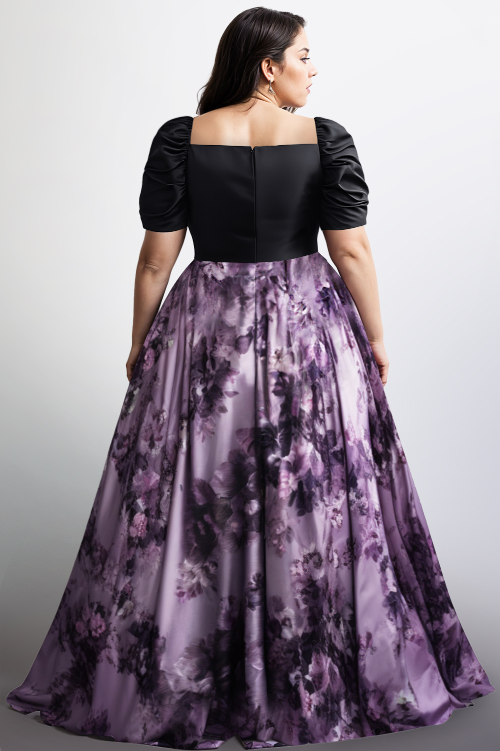 Flycurvy Plus Size Goth Purple Satin Floral Print Puff