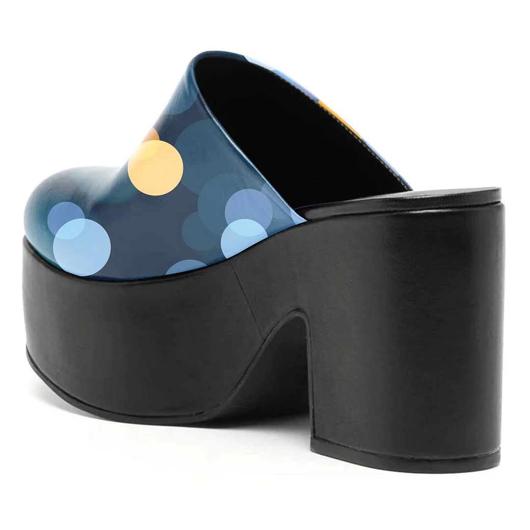 Colorful Round Toe Polka Dots Platform Block Heel Mules for Women