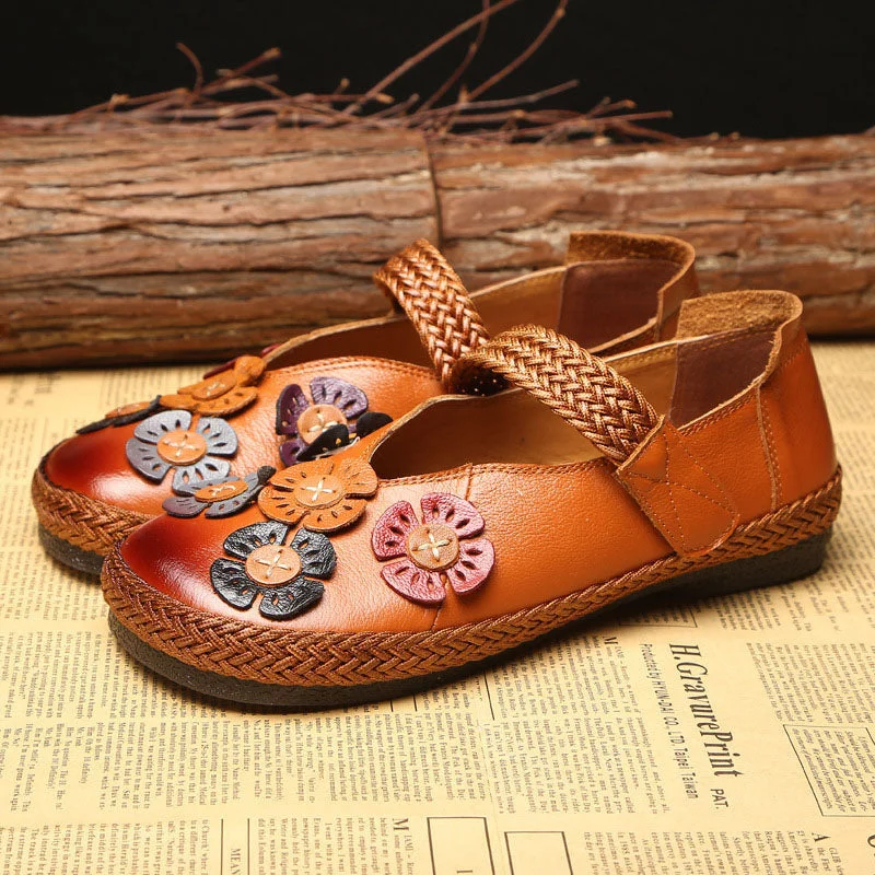 Vintage Leather Woman Handmade Flower Velcro Casual Flat Shoes